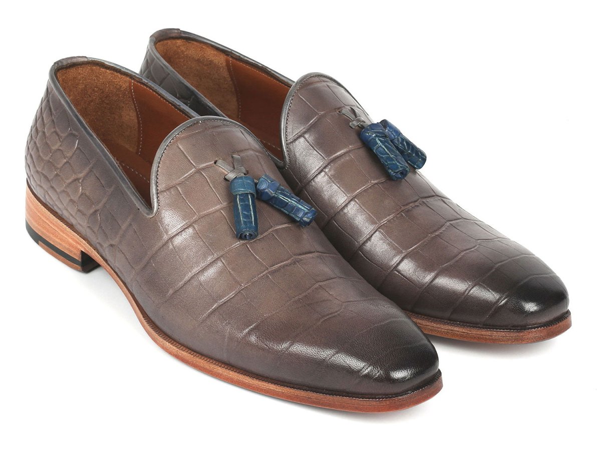 Paul Parkman Men's Gray Crocodile Embossed Calfskin Tassel Loafer (ID745GRY96)