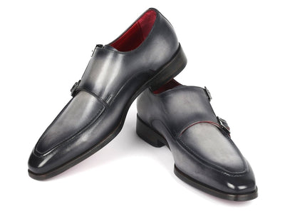 Paul Parkman Men's Gray Leather Double Monkstrap Shoes (IDSW534GY)