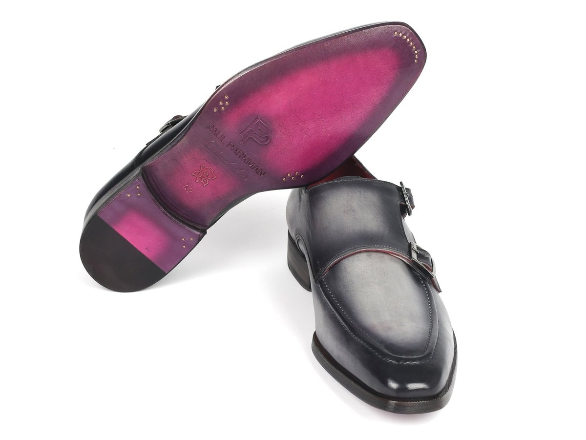 Paul Parkman Men's Gray Leather Double Monkstrap Shoes (IDSW534GY)