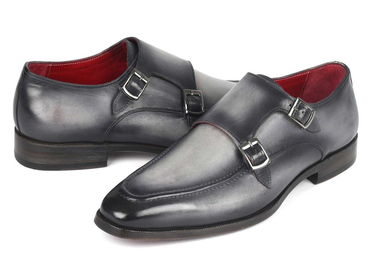 Paul Parkman Men's Gray Leather Double Monkstrap Shoes (IDSW534GY)