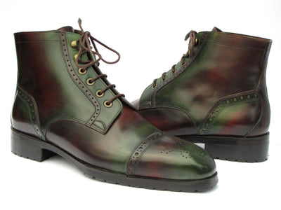 Paul Parkman Men's Green and Brown Hand Painted Cap Toe Boots