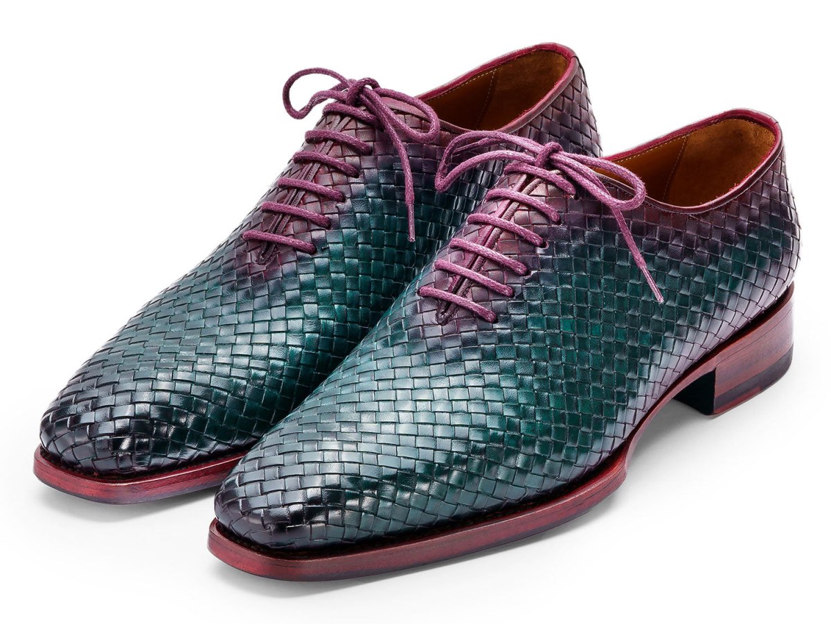 Paul Parkman Men's Green and Purple Woven Leather Oxfords (ID044WN77)
