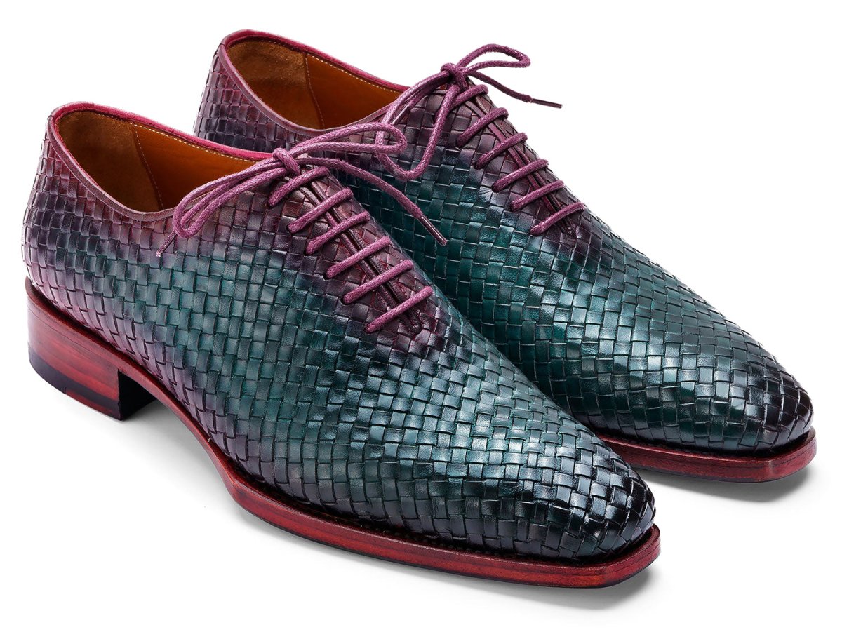 Paul Parkman Men's Green and Purple Woven Leather Oxfords (ID044WN77)