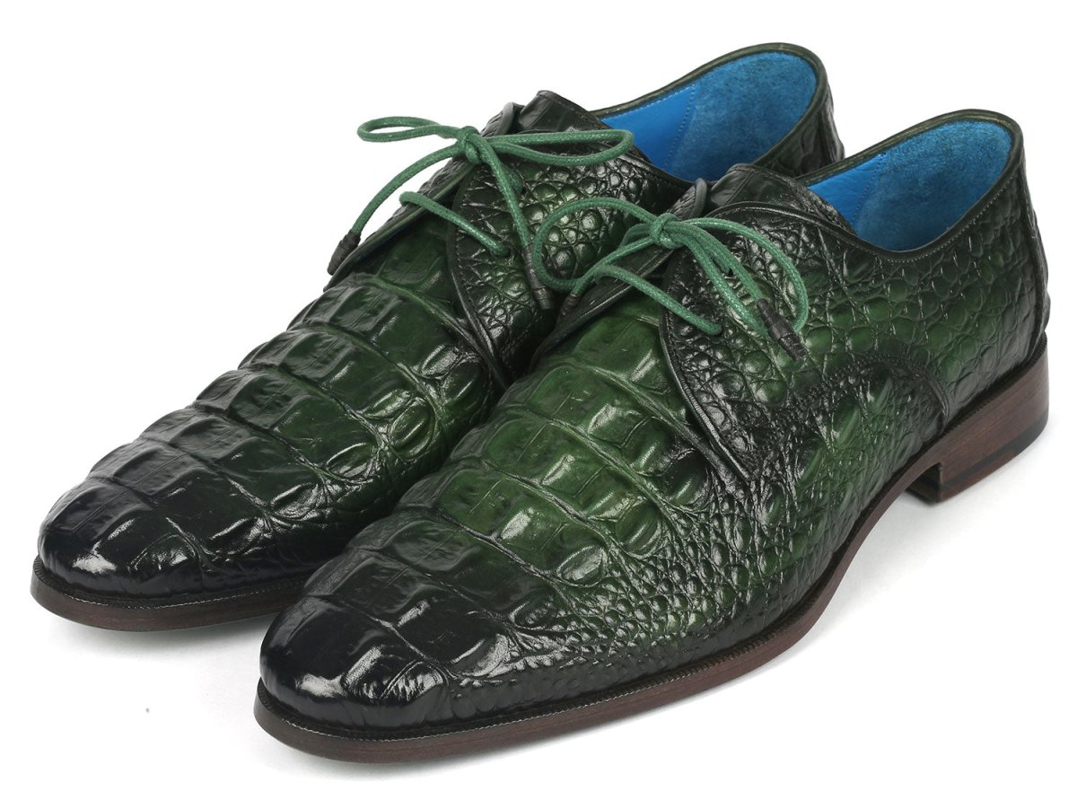 Paul Parkman Men's Green Croco Textured Leather Derby Shoes (ID1438GRN)
