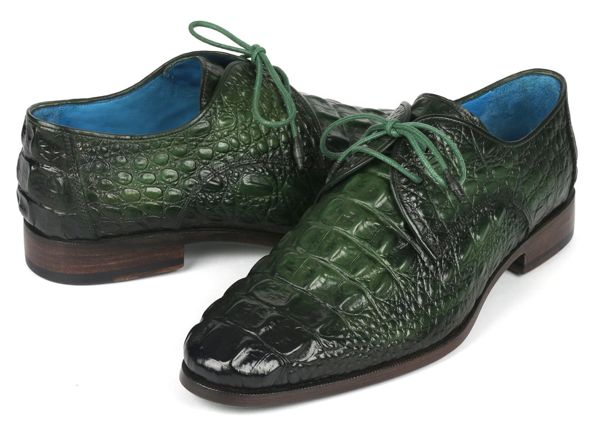 Paul Parkman Men's Green Croco Textured Leather Derby Shoes (ID1438GRN)