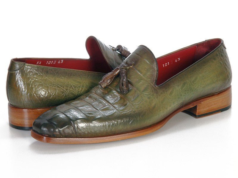 Paul Parkman Men's Green Crocodile Embossed Calfskin Tassel Loafer (IDPP2281 - GREEN)