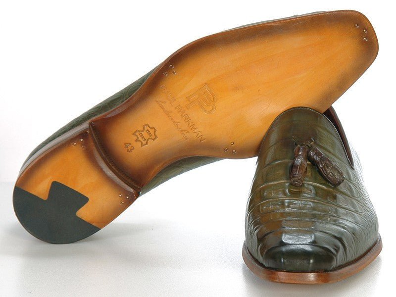 Paul Parkman Men's Green Crocodile Embossed Calfskin Tassel Loafer (IDPP2281 - GREEN)