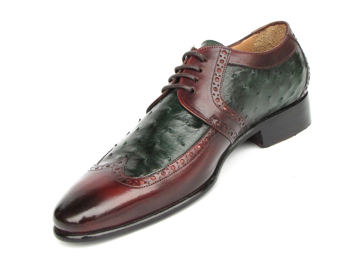 Paul Parkman Men's Green Ostrich and Brown Leather Derby Shoes