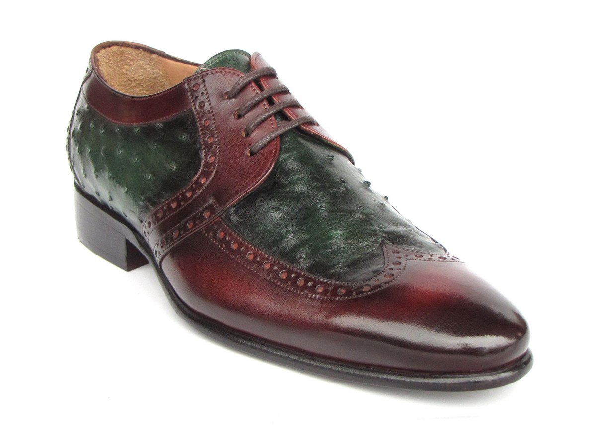 Paul Parkman Men's Green Ostrich and Brown Leather Derby Shoes