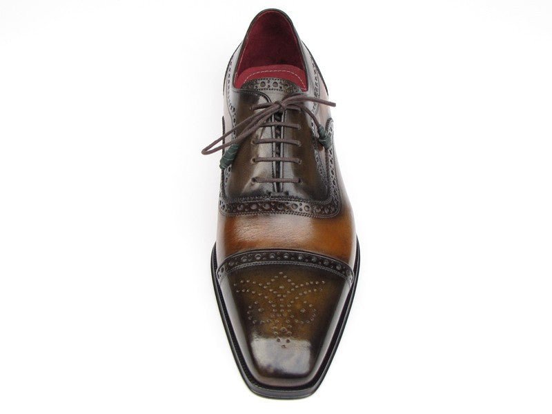 Paul Parkman Men's Hand Painted Leather Captoe Oxfords in Camel and Olive