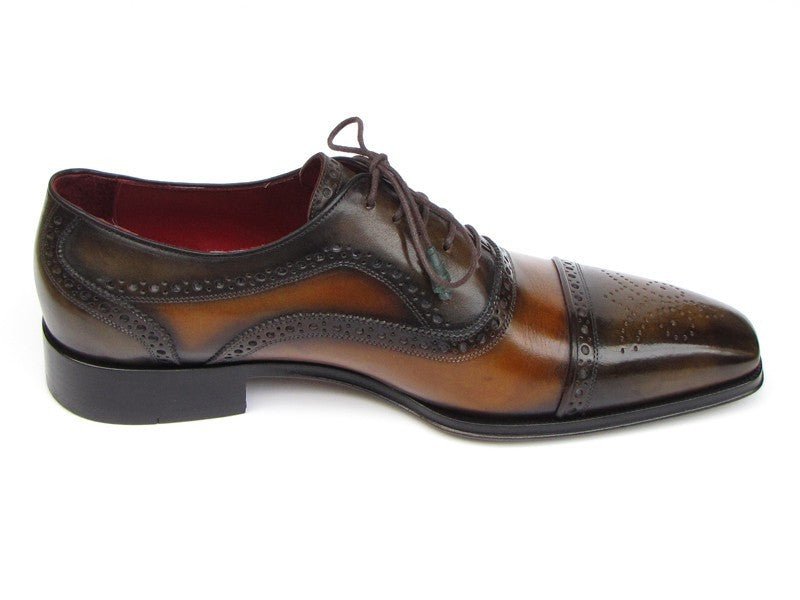 Paul Parkman Men's Hand Painted Leather Captoe Oxfords in Camel and Olive