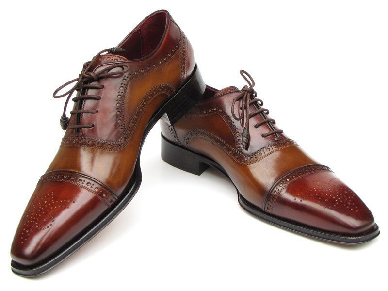 Paul Parkman Men's Hand Painted Leather Captoe Oxfords in Camel and Red