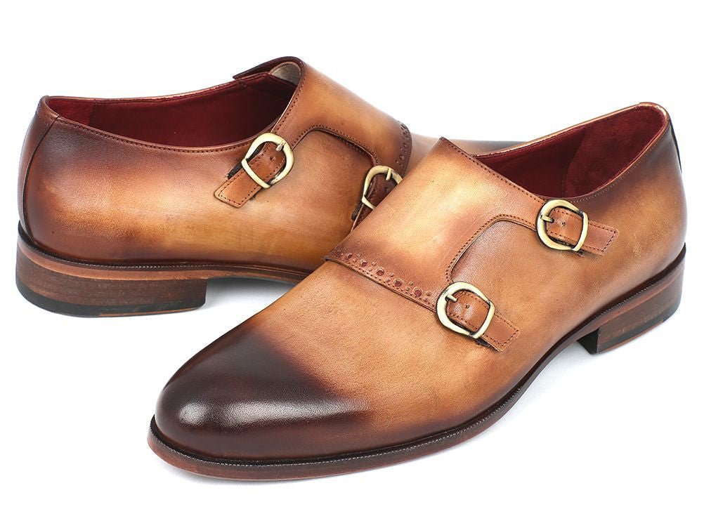 Paul Parkman Men's Hand Painted Leather Double Monkstraps in Brown and Camel