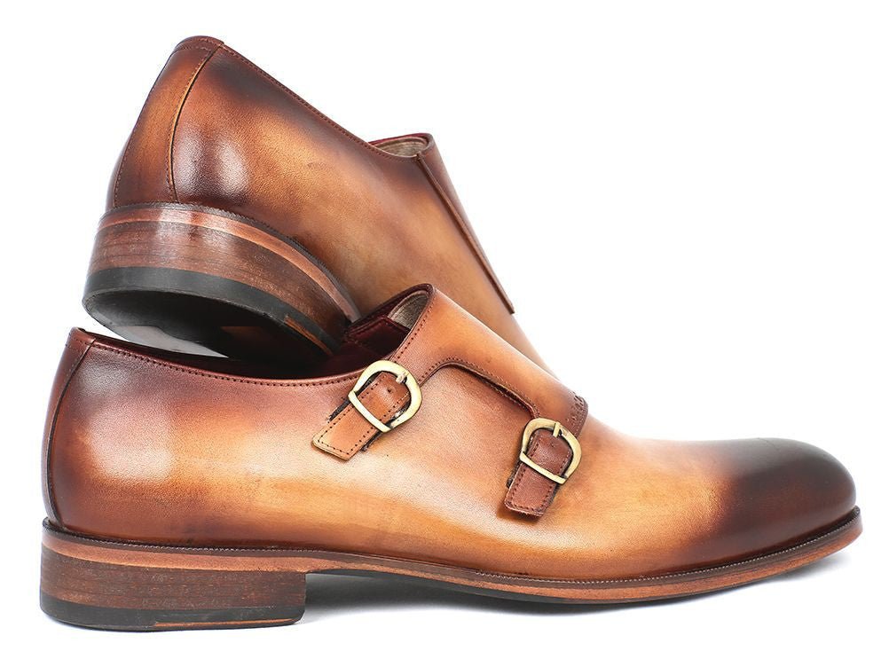 Paul Parkman Men's Hand Painted Leather Double Monkstraps in Brown and Camel