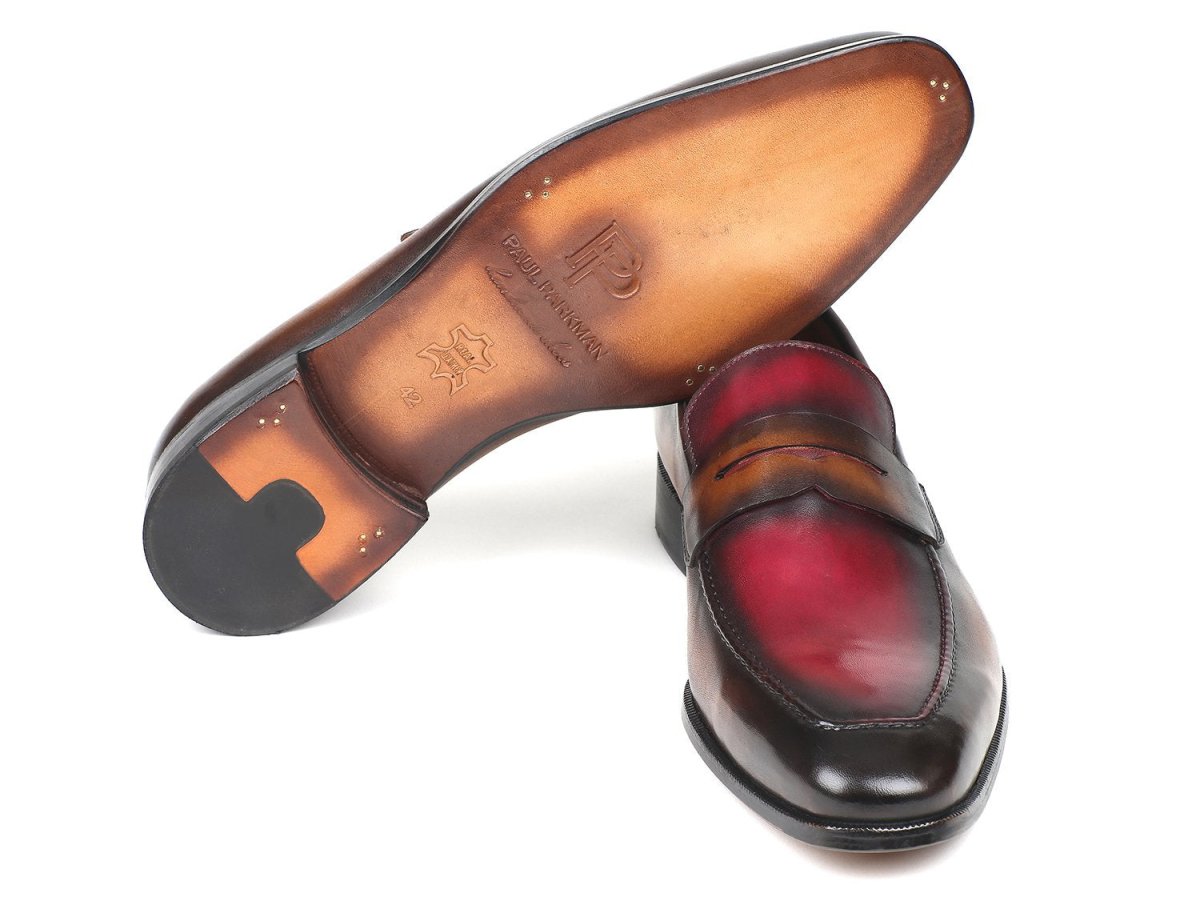 Paul Parkman Men's Hand Painted Leather Loafers in Brown and Bordeaux