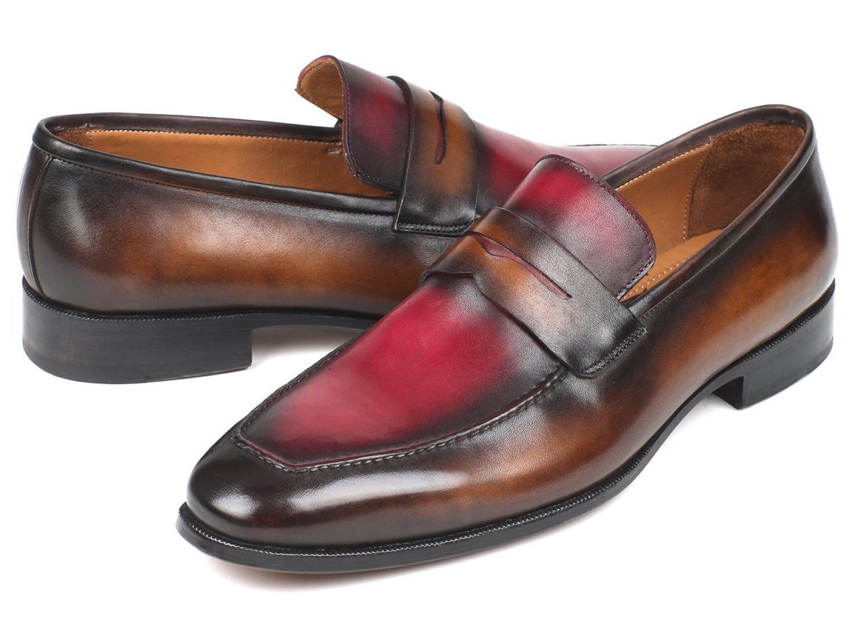 Paul Parkman Men's Hand Painted Leather Loafers in Brown and Bordeaux