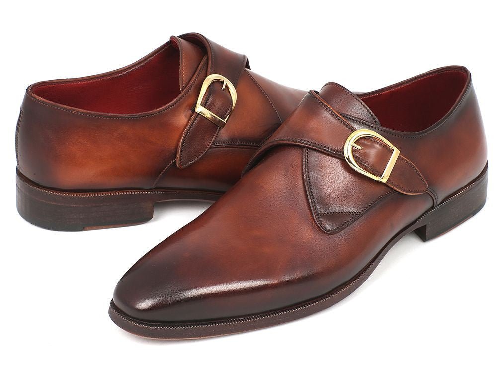 Paul Parkman Men's Hand Painted Leather Monkstraps in Brown and Camel