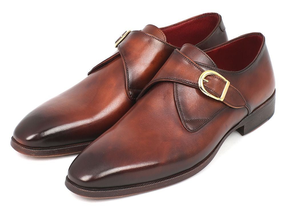 Paul Parkman Men's Hand Painted Leather Monkstraps in Brown and Camel