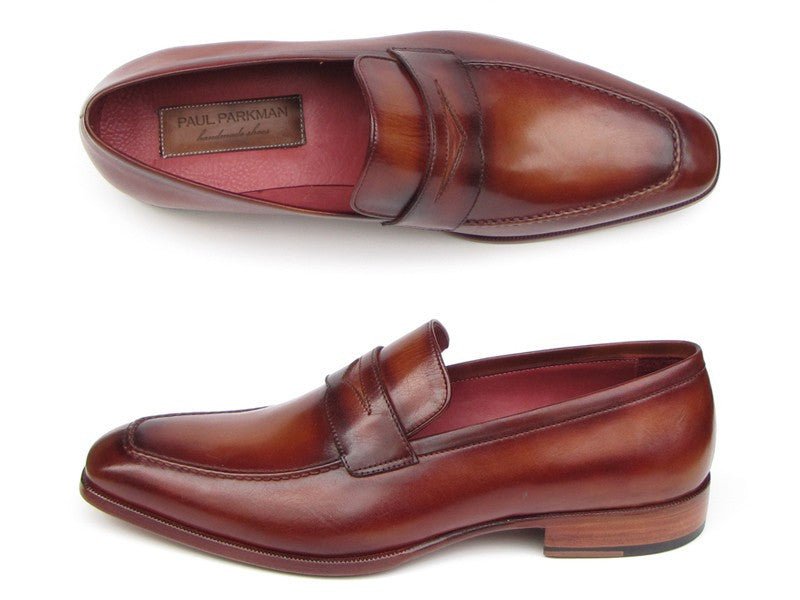 Paul Parkman Men's Hand Painted Leather Penny Loafers in Tobacco and Bordeaux