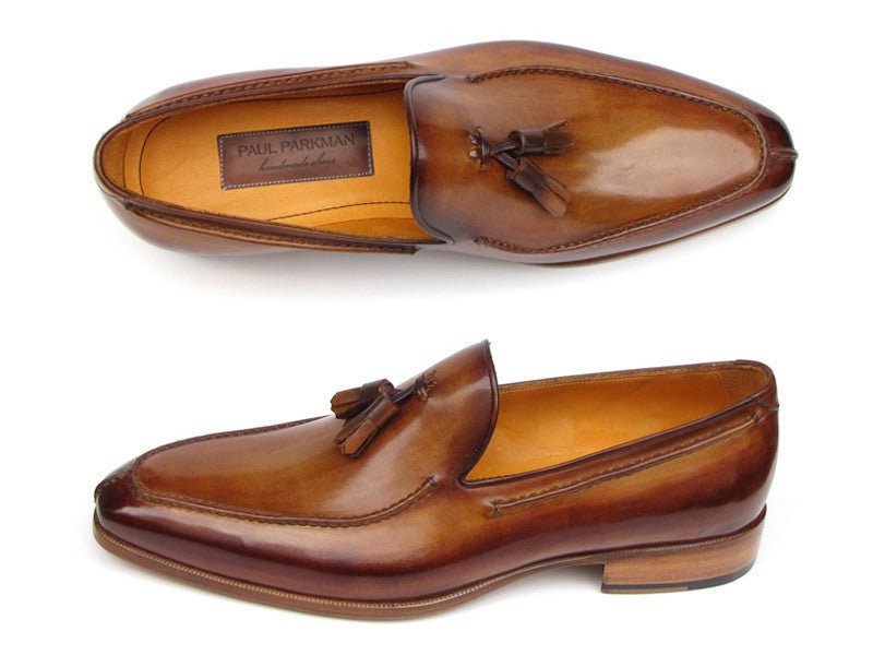Paul Parkman Men's Hand Painted Leather Tassel Loafers in Camel and Brown