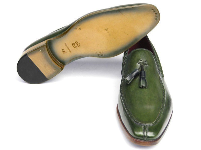 Paul Parkman Men's Hand Painted Leather Tassel Loafers in Green