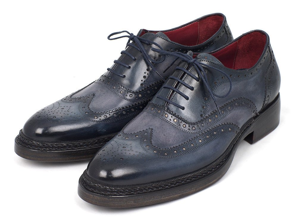 Paul Parkman Men's Hand Painted Leather Wingtip Brogues in Blue