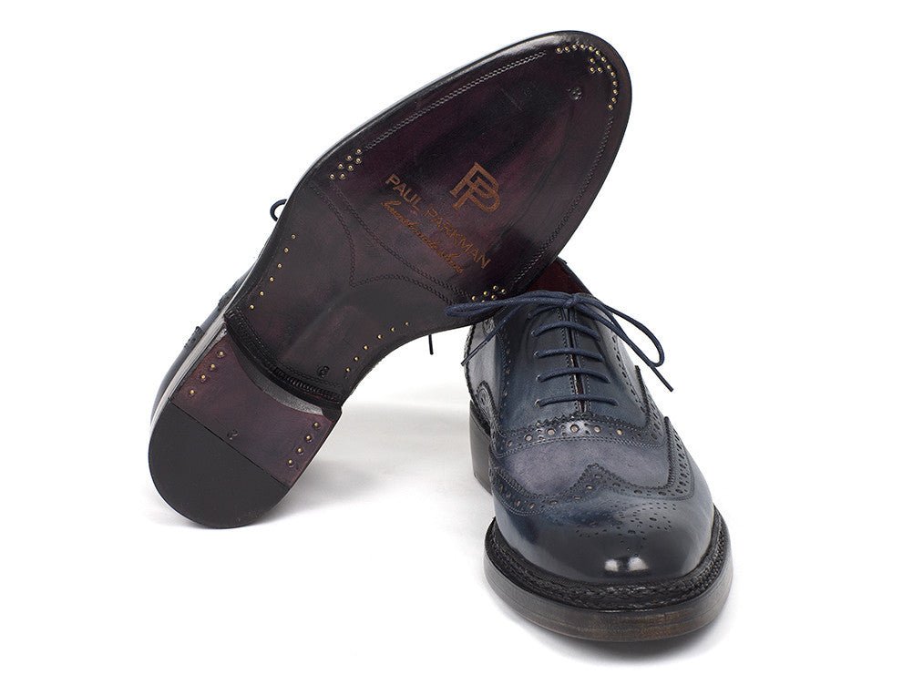 Paul Parkman Men's Hand Painted Leather Wingtip Brogues in Blue