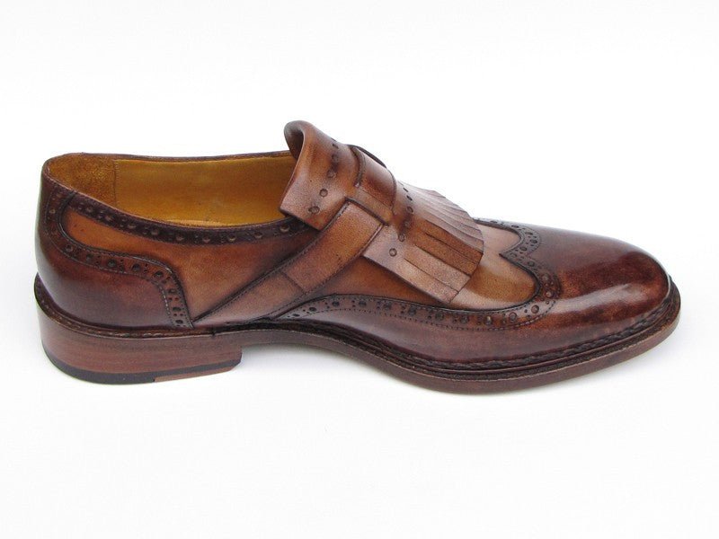 Paul Parkman Men's Hand Painted Leather Wingtip Monkstrap Brogues in Brown
