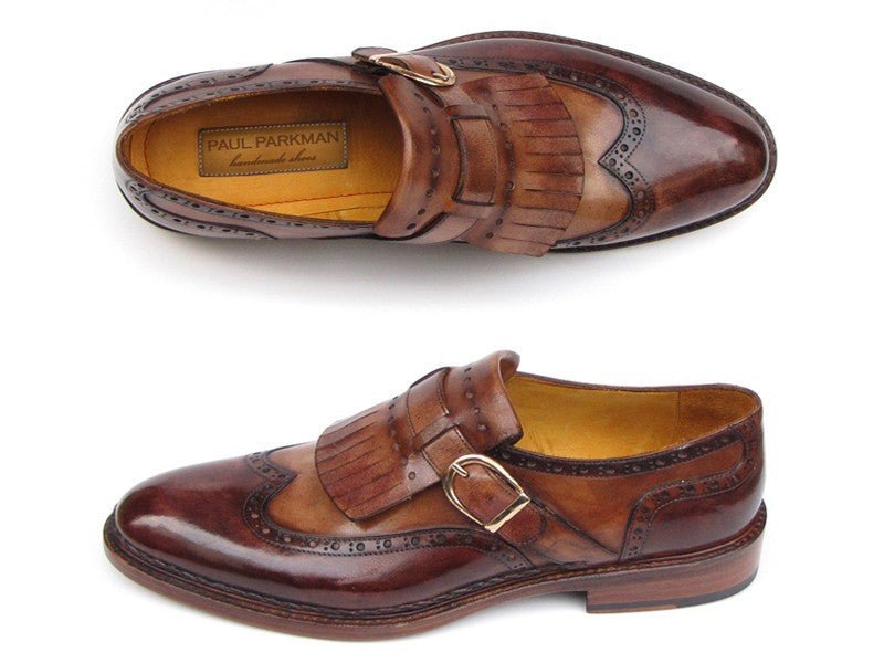 Paul Parkman Men's Hand Painted Leather Wingtip Monkstrap Brogues in Brown