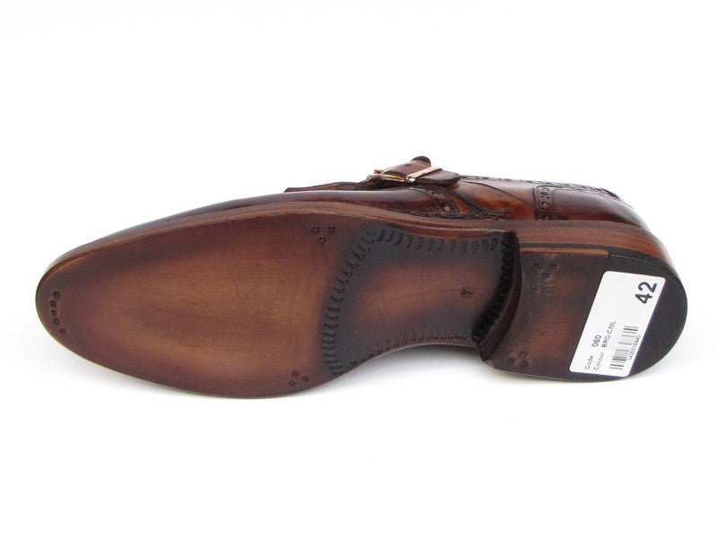 Paul Parkman Men's Hand Painted Leather Wingtip Monkstrap Brogues in Brown