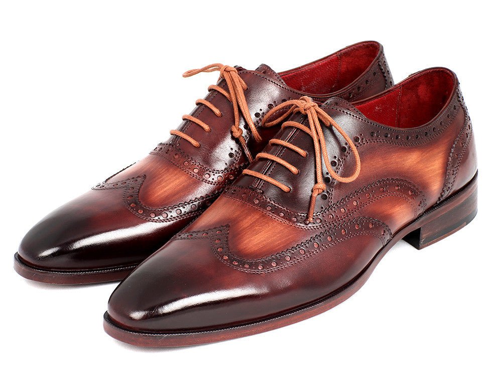 Paul Parkman Men's Hand Painted Leather Wingtip Oxfords in Camel and Bordeaux