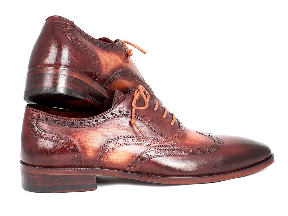 Paul Parkman Men's Hand Painted Leather Wingtip Oxfords in Camel and Bordeaux