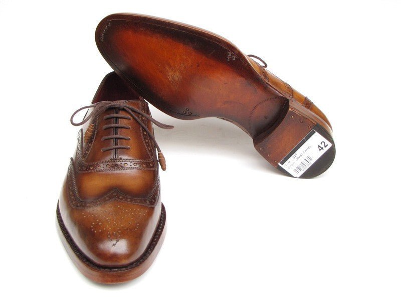 Paul Parkman Men's Hand Painted Leather Wingtip Oxfords in Tobacco