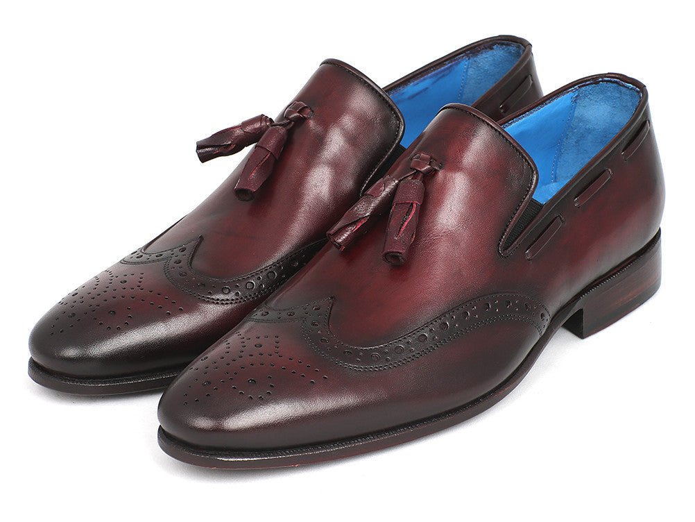 Paul Parkman Men's Hand Painted Leather Wingtip Tassel Loafers in Bordeaux