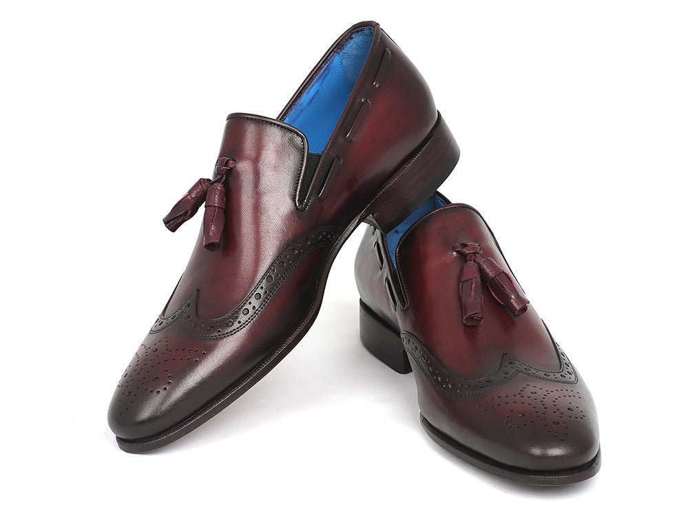 Paul Parkman Men's Hand Painted Leather Wingtip Tassel Loafers in Bordeaux