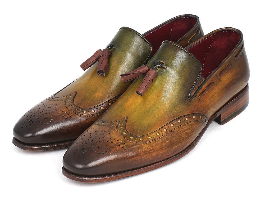 Paul Parkman Men's Hand Painted Leather Wingtip Tassel Loafers in Green