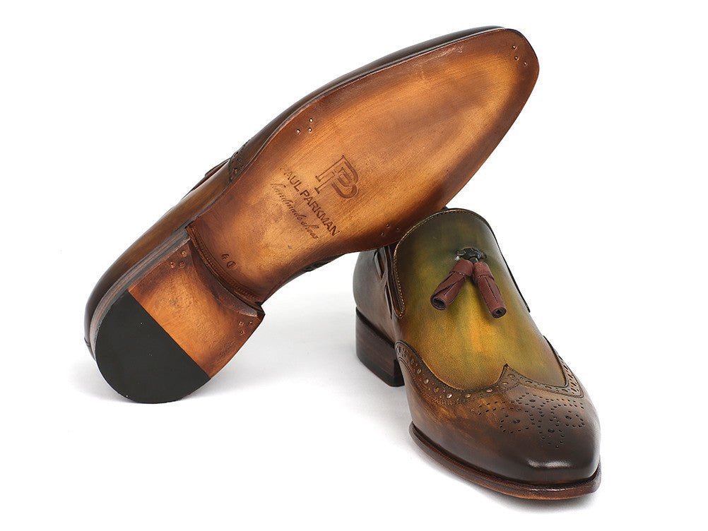 Paul Parkman Men's Hand Painted Leather Wingtip Tassel Loafers in Green