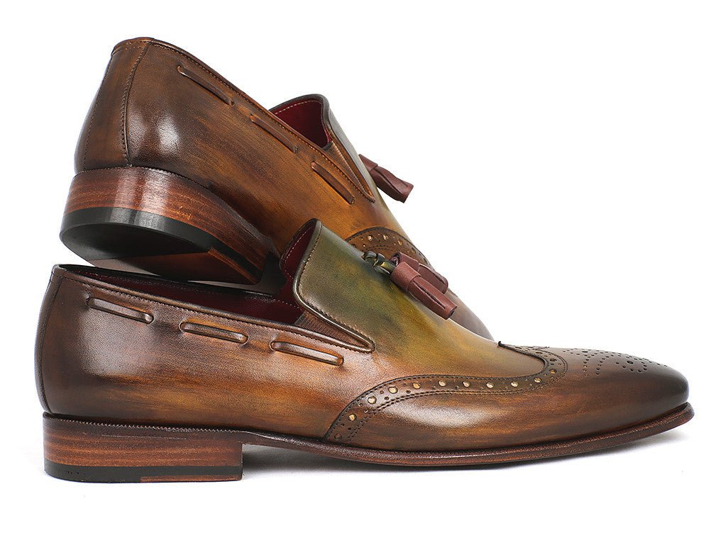 Paul Parkman Men's Hand Painted Leather Wingtip Tassel Loafers in Green