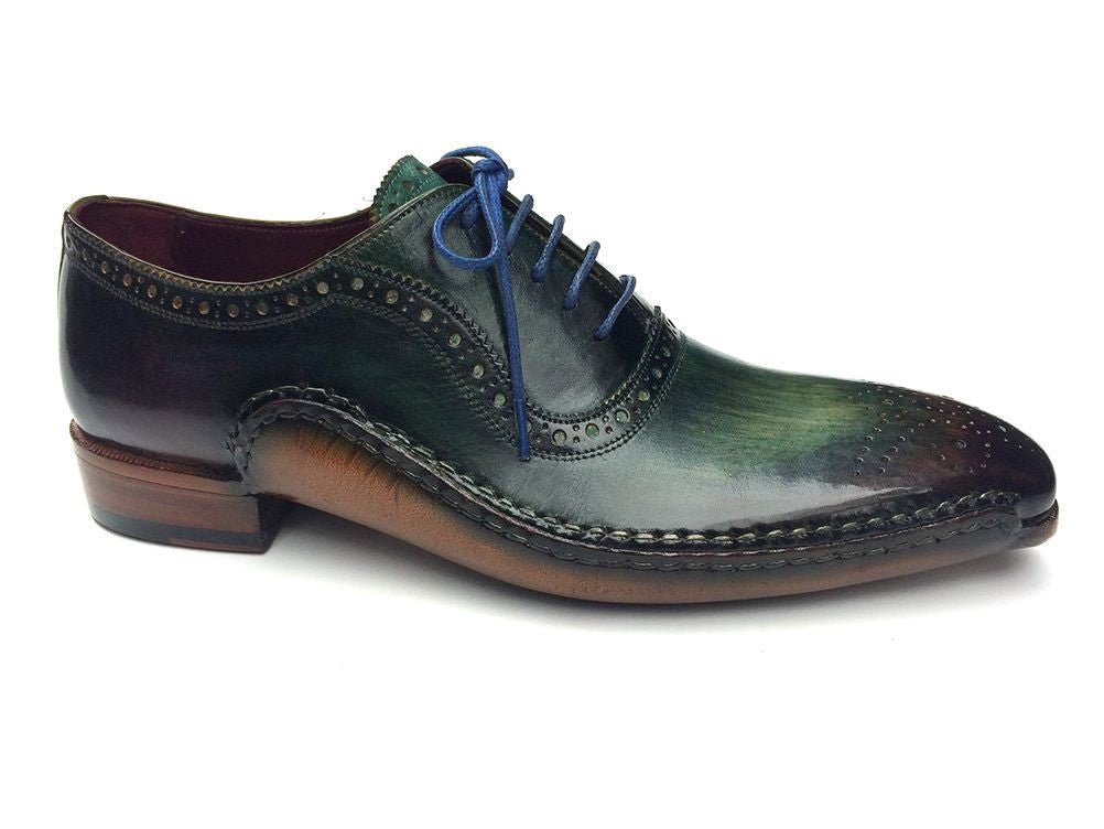 Paul Parkman Men's Hand Painted Medallion Toe Leather Oxfords in Green and Purple