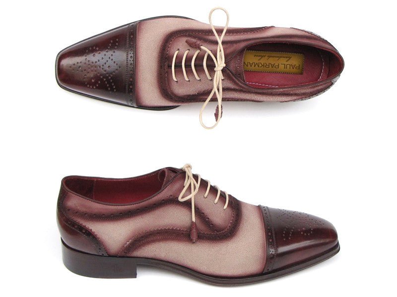 Paul Parkman Men's Hand Painted Suede Captoe Oxfords in Bordeaux and Beige