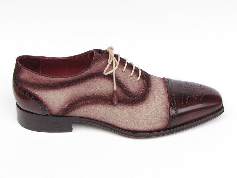 Paul Parkman Men's Hand Painted Suede Captoe Oxfords in Bordeaux and Beige