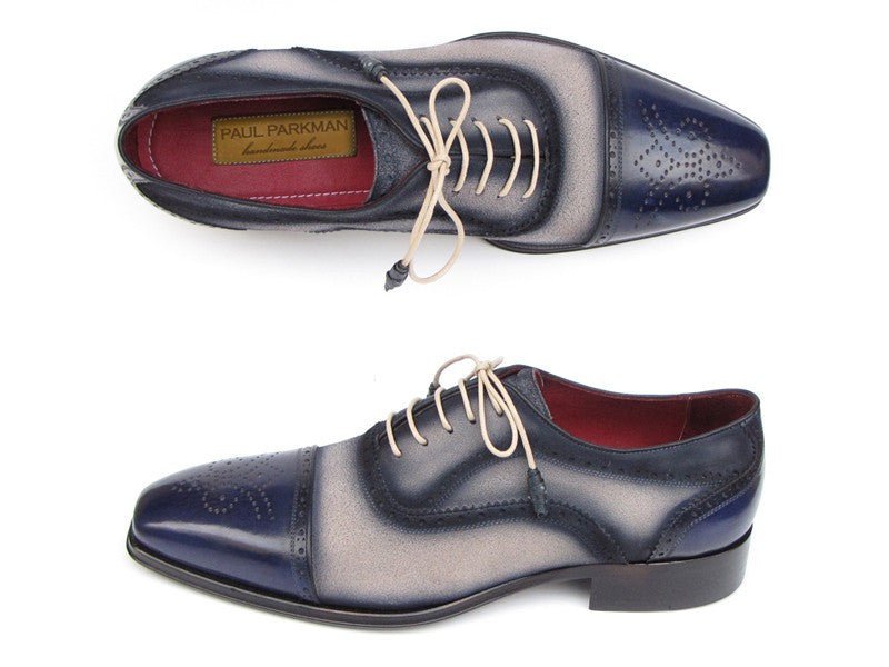 Paul Parkman Men's Hand Painted Suede Captoe Oxfords in Navy and Beige