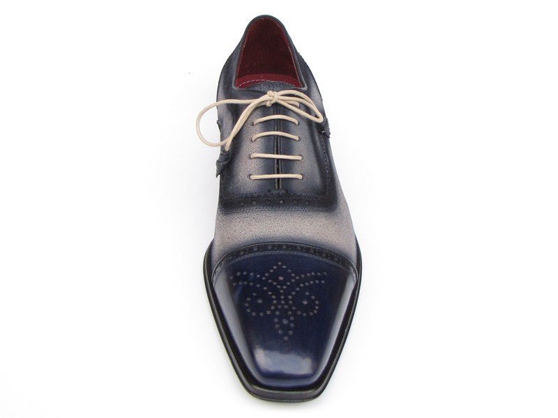 Paul Parkman Men's Hand Painted Suede Captoe Oxfords in Navy and Beige