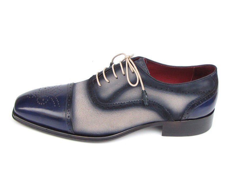 Paul Parkman Men's Hand Painted Suede Captoe Oxfords in Navy and Beige