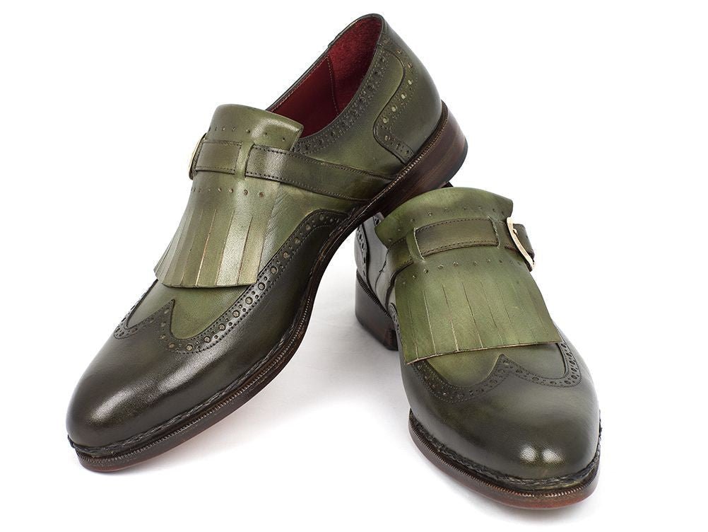 Paul Parkman Men's Hand Painted Wingtip Monkstrap Brogues in Green