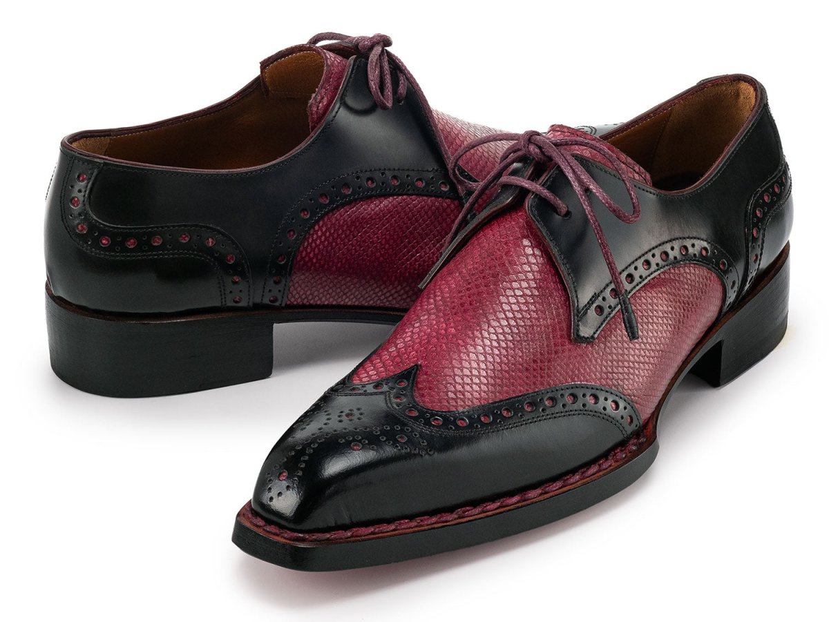Paul Parkman Men's Hand Welted Black and Red Leather Wingtip Derby Shoes (ID170KRBRD)