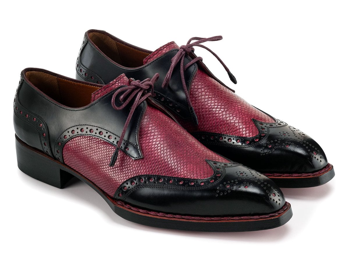 Paul Parkman Men's Hand Welted Black and Red Leather Wingtip Derby Shoes (ID170KRBRD)