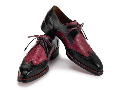 Paul Parkman Men's Hand Welted Black and Red Leather Wingtip Derby Shoes (ID170KRBRD)