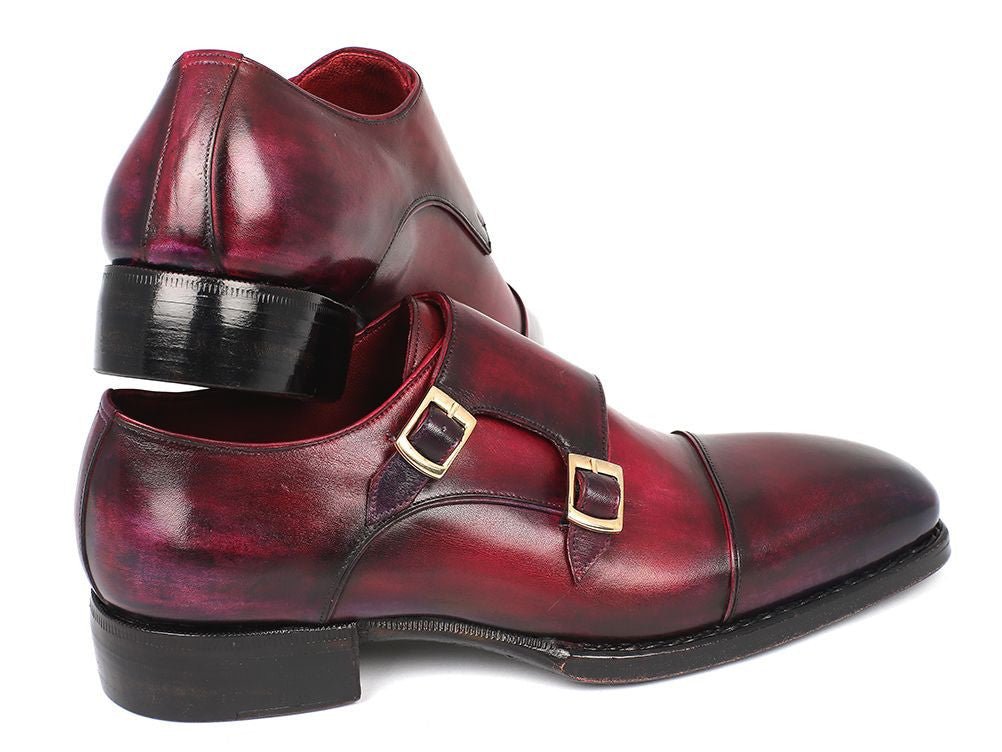 Paul Parkman Men's Hand Welted Captoe Monkstraps in Purple and Burgundy
