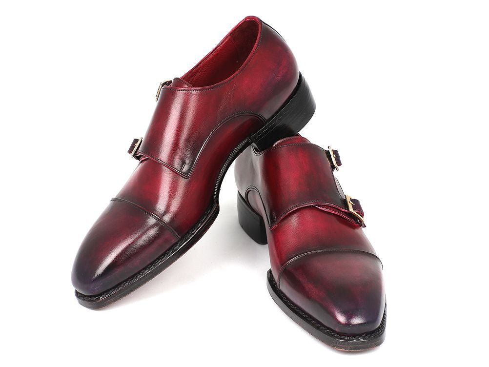 Paul Parkman Men's Hand Welted Captoe Monkstraps in Purple and Burgundy